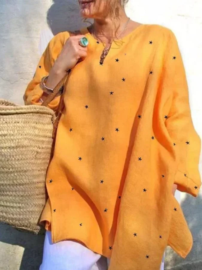 V-Neck Long-Sleeved Printed Loose-Fitting Shirt