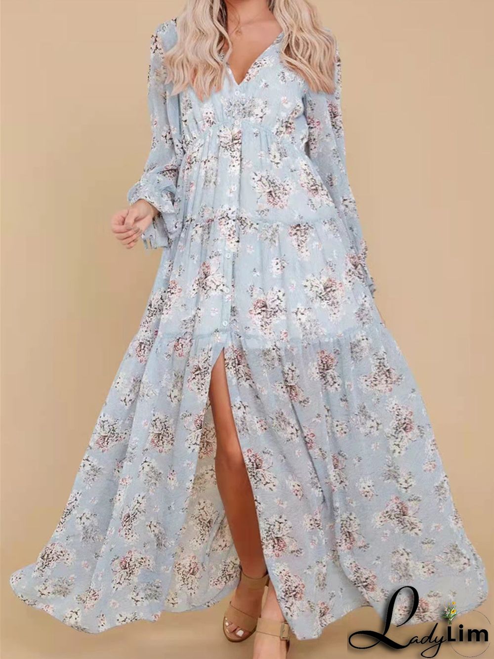 Women's Floral Printed Long Sleeve V-neck Maxi Dress