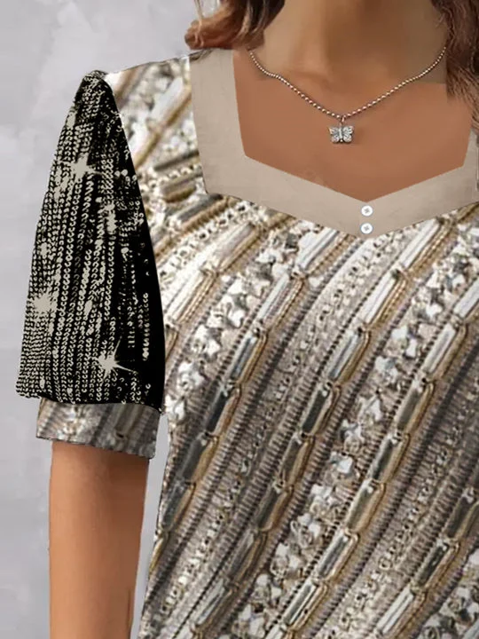 Women's Short Sleeve V-neck Graphic Printed Sequins Stitching Top