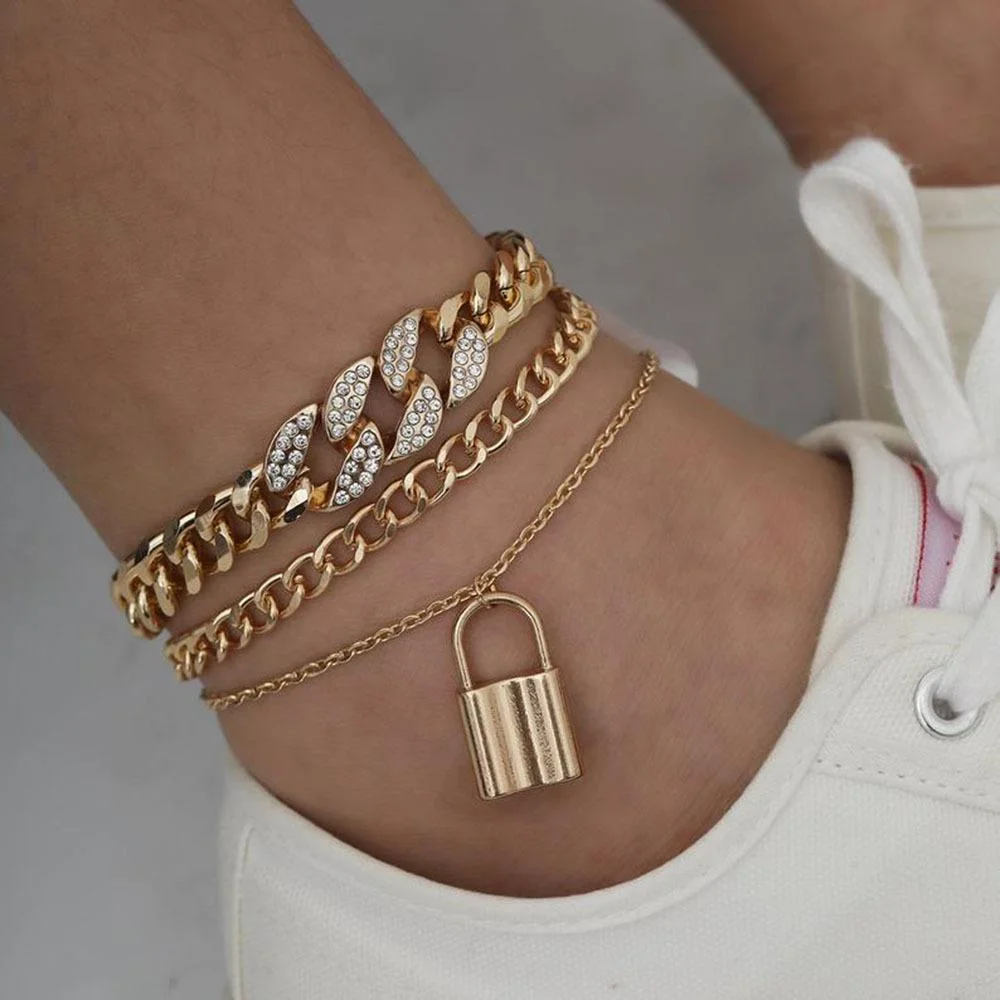 Women fashion lock decor rhinestone anklet