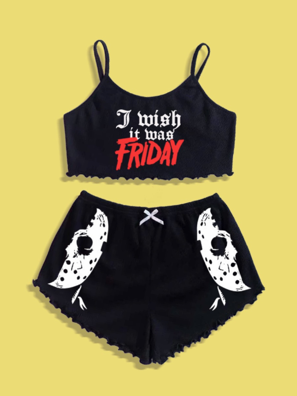 Dark Skull Letter Printed Spaghetti Strap Fringed Bowknots Bikini Two-pieces Bikini Sets 