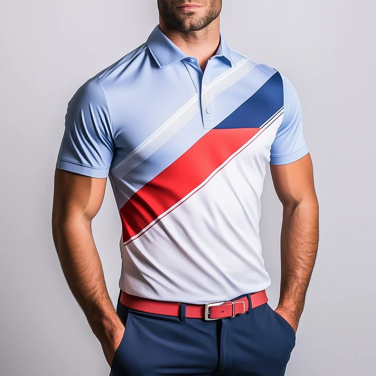 Okaywear Color Blocks Half Button Short Sleeve Polo Shirt 