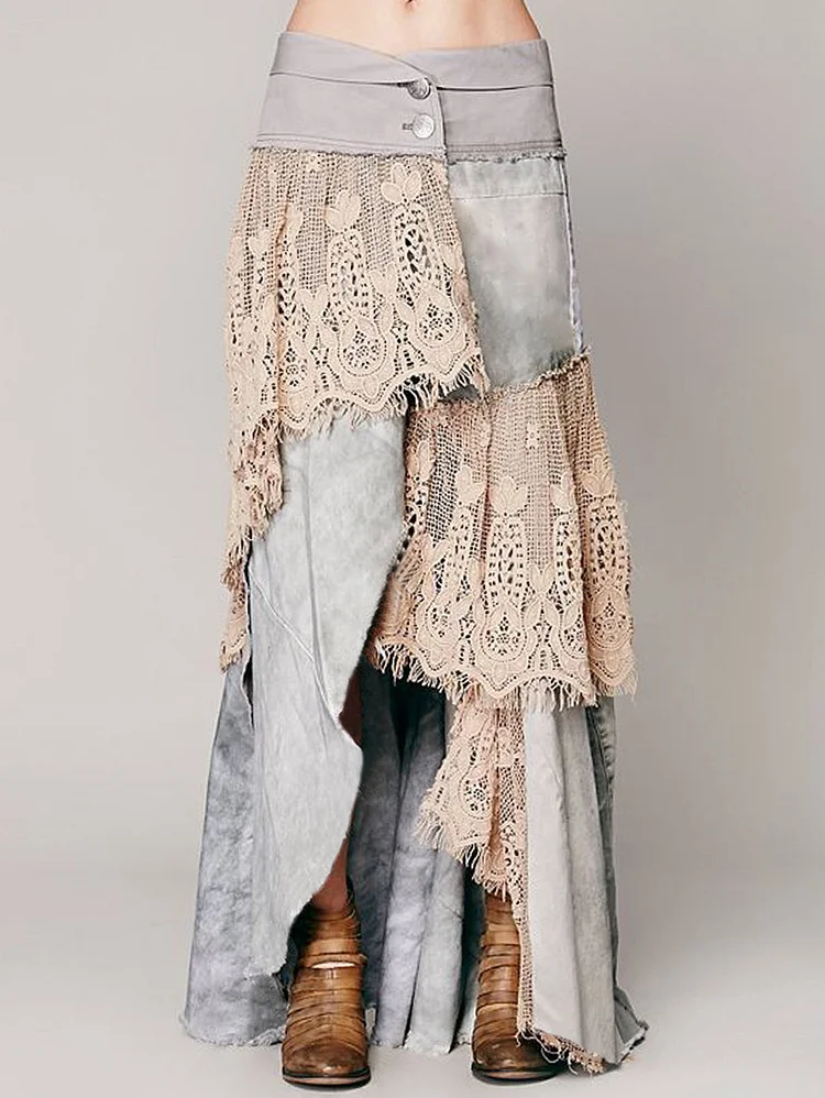 Fashion Asymmetrical Lace Spliced High Low Hem Maxi Skirt