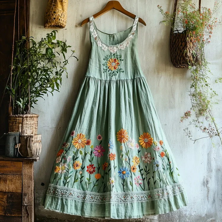 Vintage Boho Colorful Floral Lace Embroidered Art Linen Tank Dress
