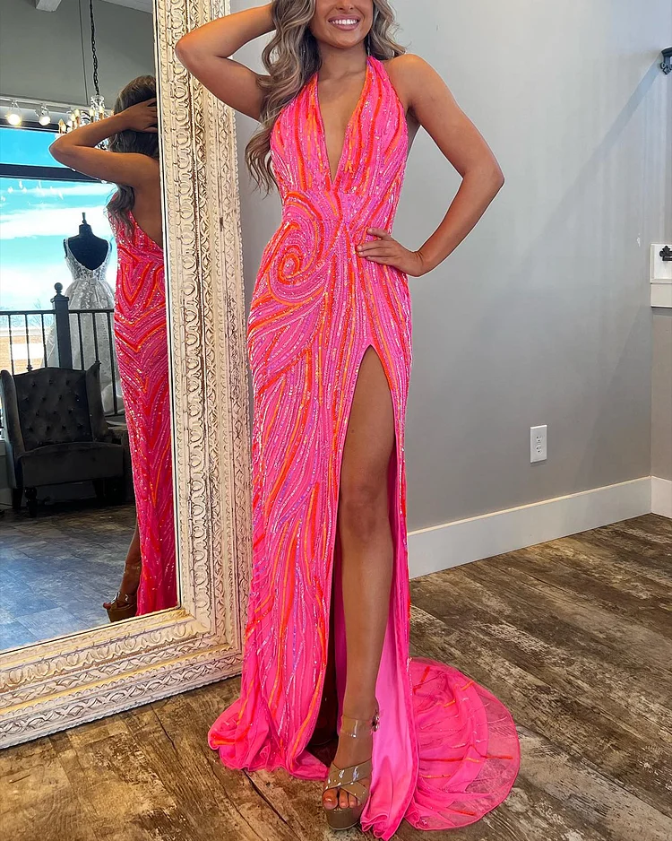 Women's V-neck slit sequined Dress