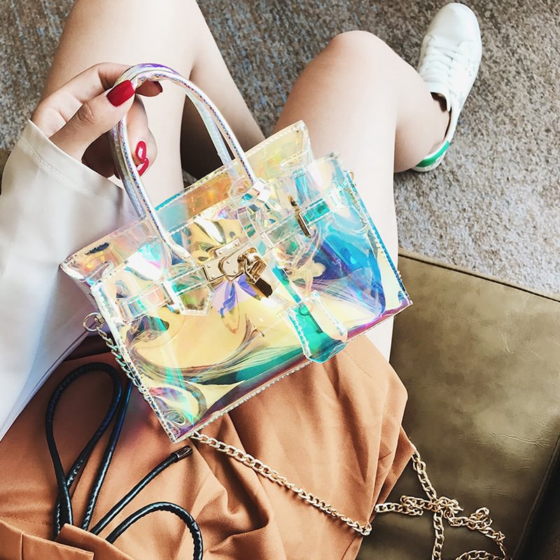 Holographic Clear Chain Strap Square Satchel Bag