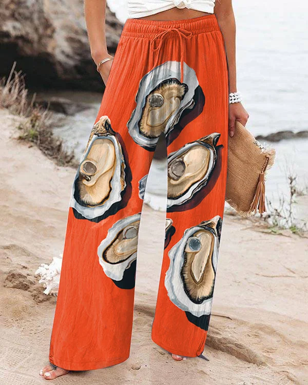Oyster Print Wide-leg Casual Pants