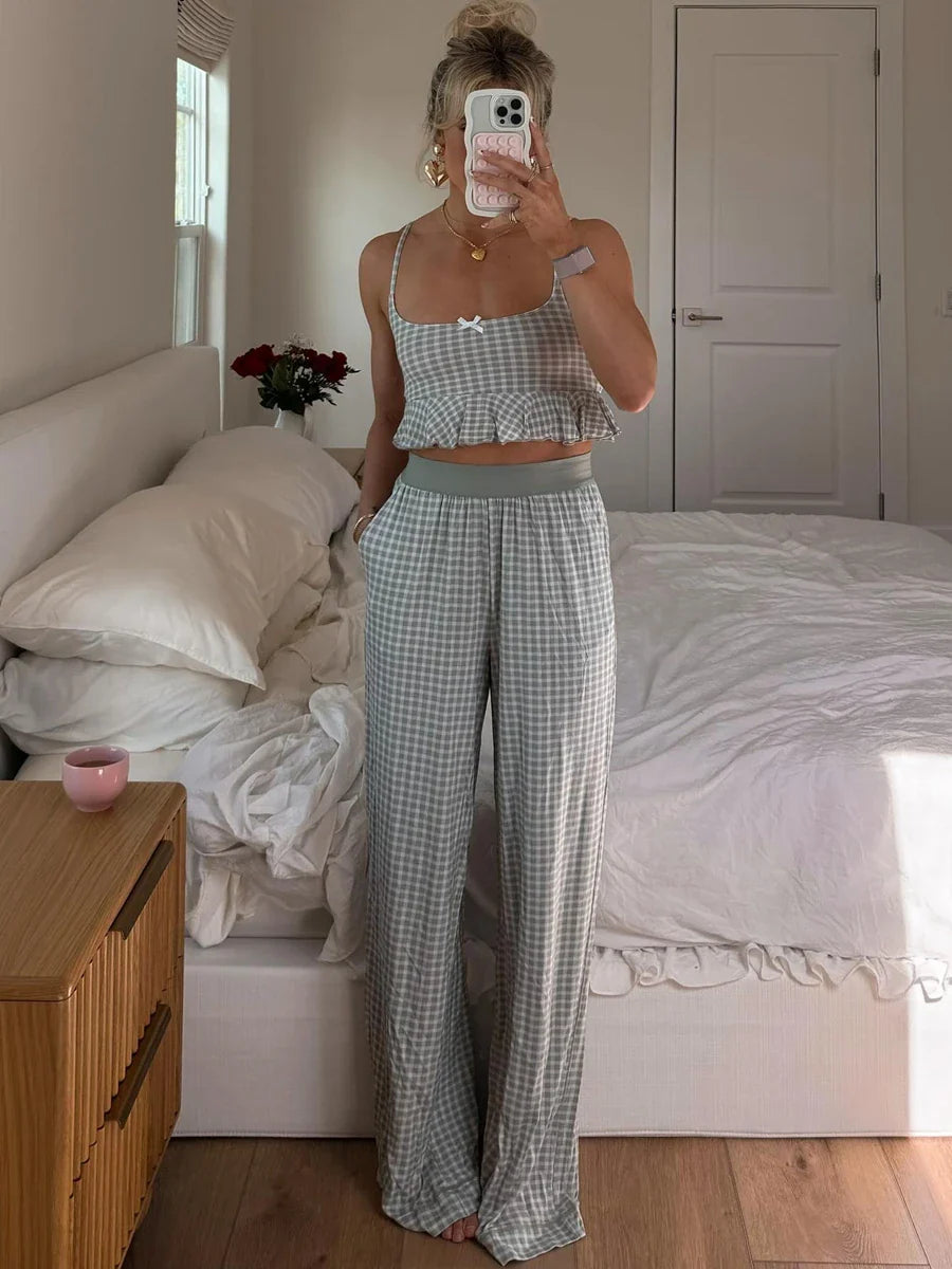 Llyge Women's Y2K Vintage Kawaii Summer Loungewear Set Solid Color/Plaid Print Bow Ruffled Camisole + Long Pants Sleepwear llyge