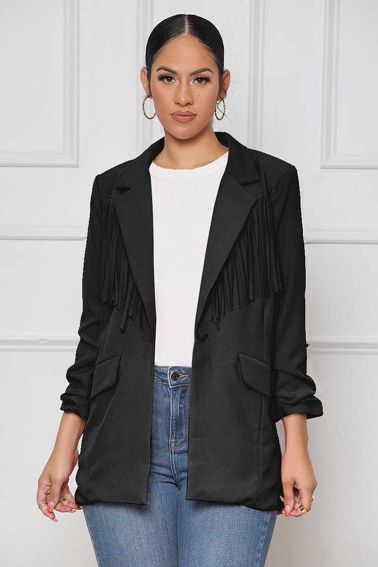 Fringe One Button Ruched Long Sleeve Blazer
