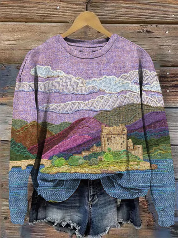 Comstylish Landscape Pattern Cozy Crew Neck Sweatshirt