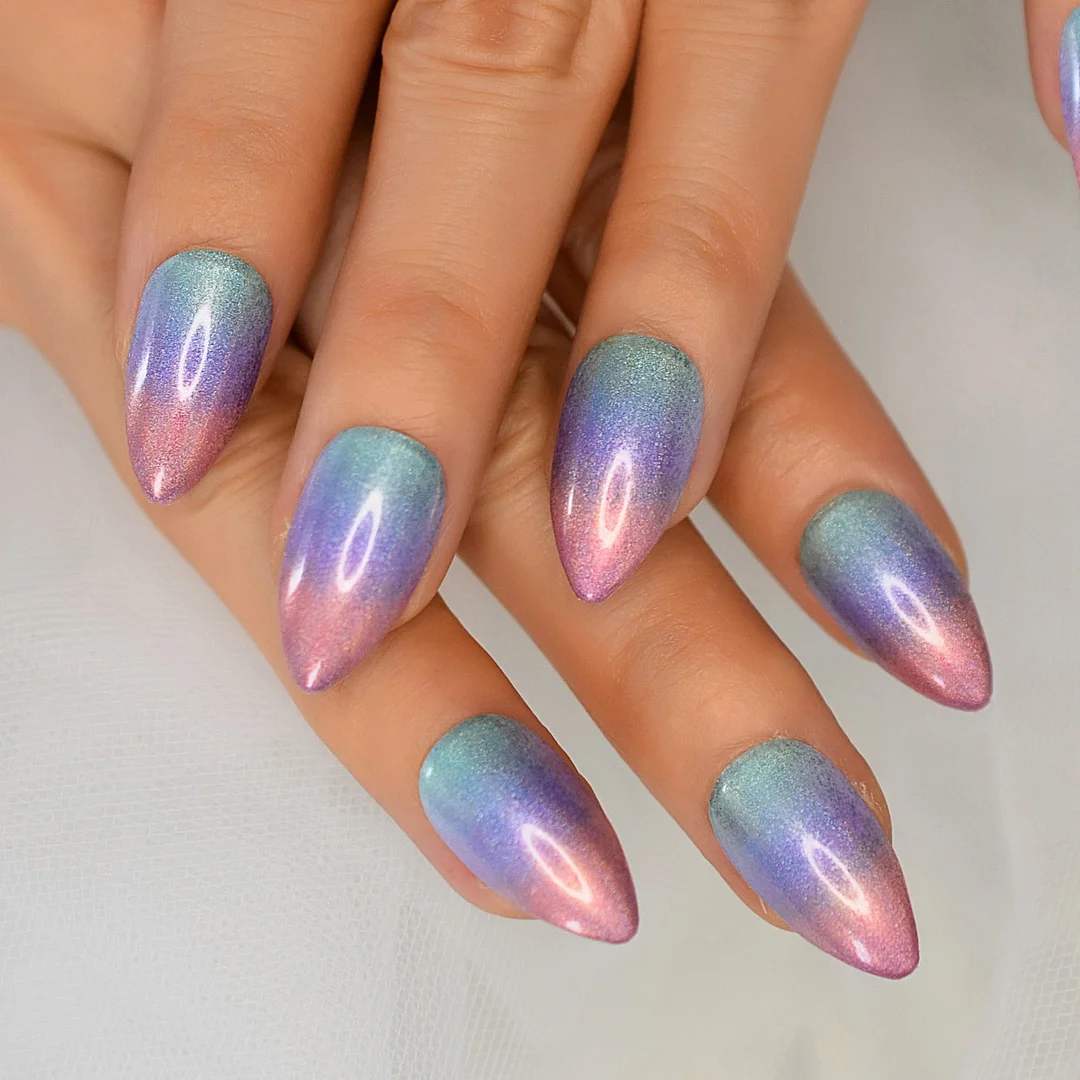 28pcs Nude Purple Short Almond Press on False Nails with Designs Gold Moon Starts Glossy Gel Fake Nails Finger Nail Decorations-Nail Inspo