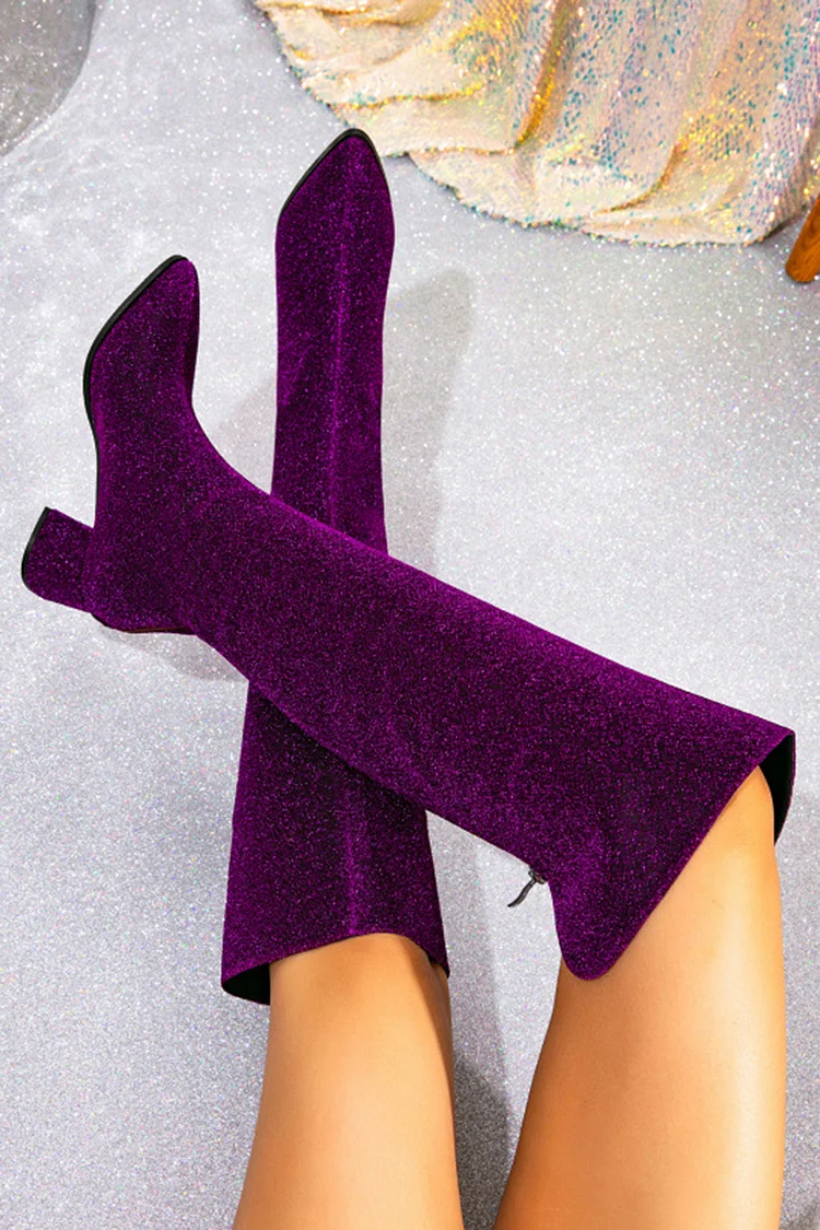 Festival Purple Zipper Thick High Heels Knee High Boots