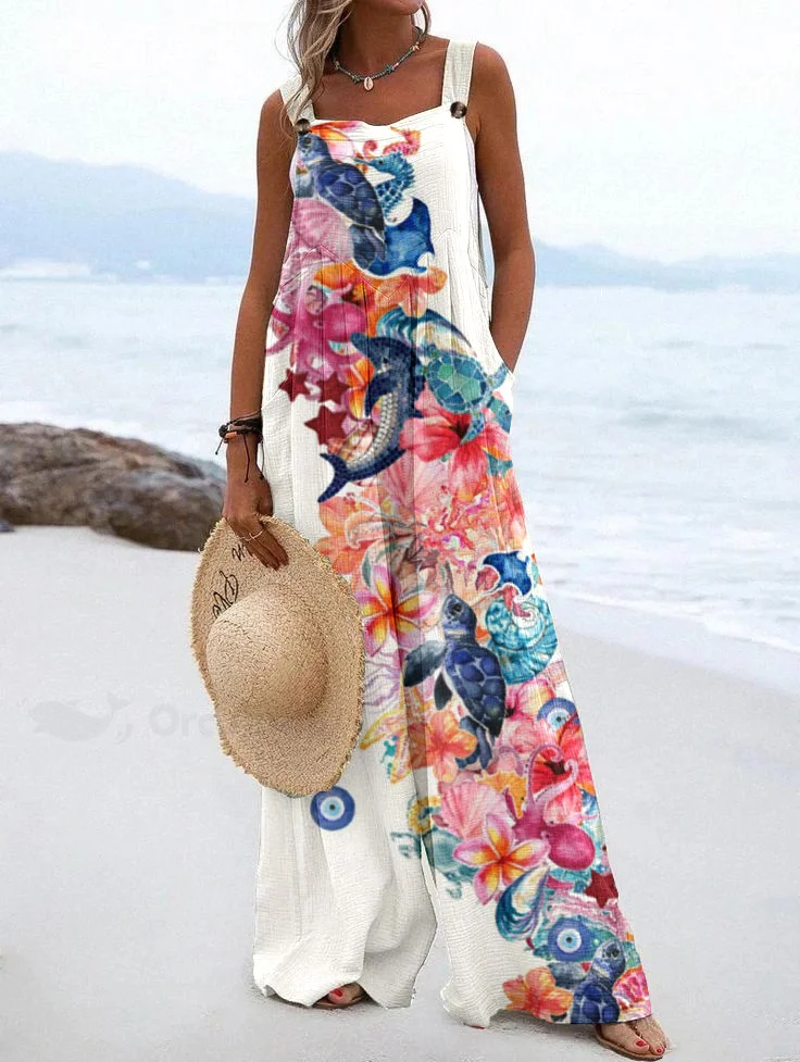 Women's Watercolor Turtle Floral Pattern  Protect Split Joint Square Collar Loose Linen Fabric Jumpsuits