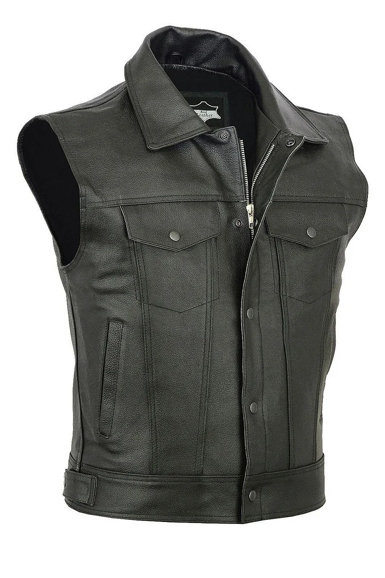 PU Leather Zipper Lapel Collar Slim Fit Solid Color Vest