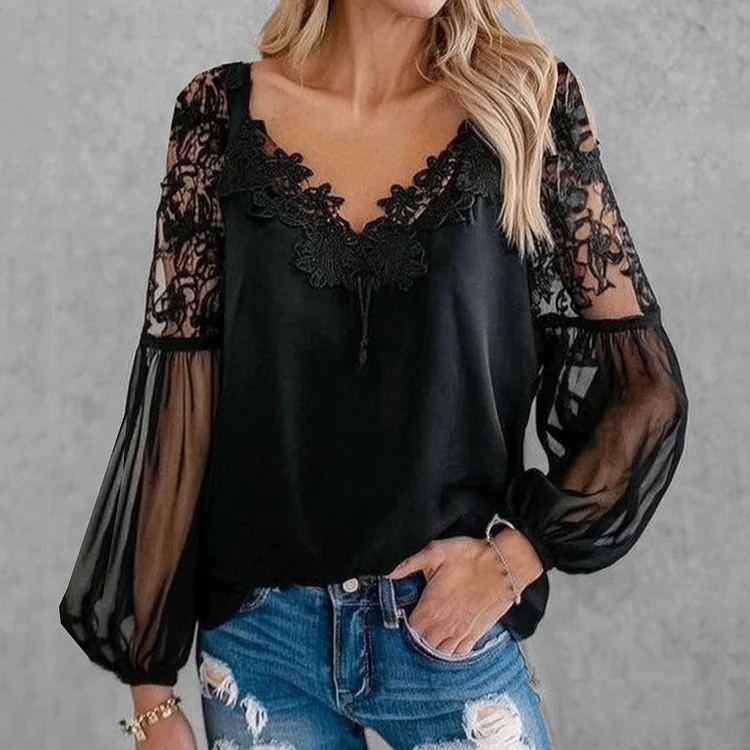 Ursime Lace V Neck See-Through Lantern Sleeve Blouse