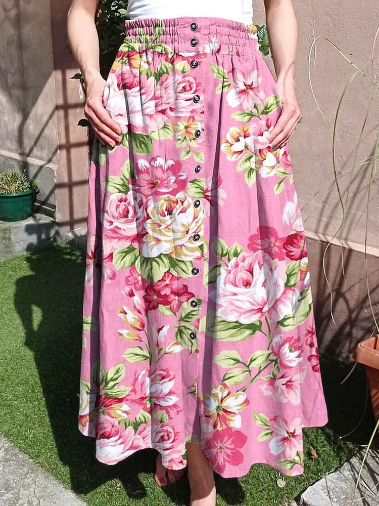 Women's Elegant Rose Flower Print Cotton Skirt