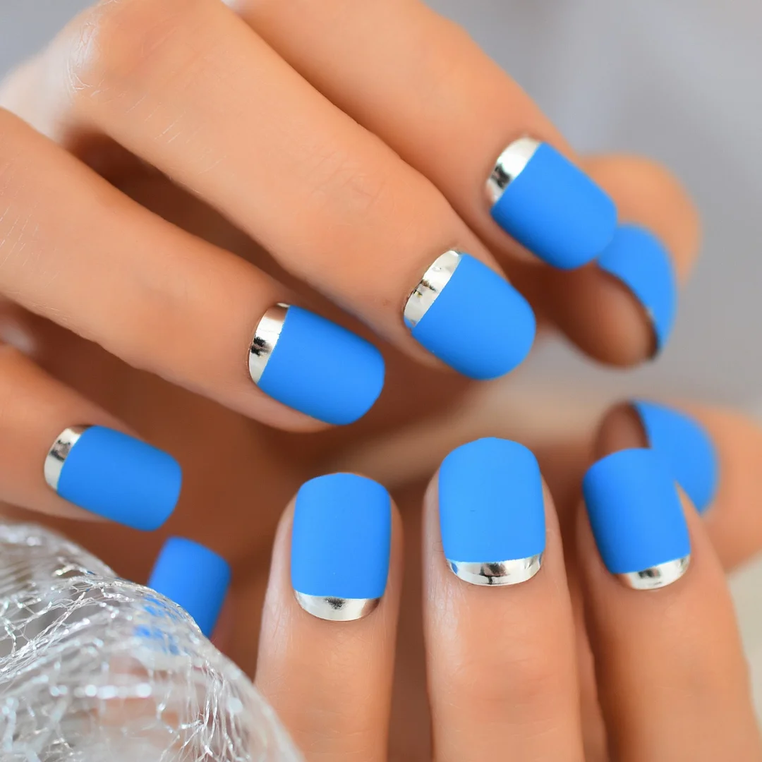 Sky Blue Full Nail Kit False Tips Press Ons Short For DIY Nail Art Salon Fake Nail Extension With Glue Adhesive Matte Squoval-Nail Inspo