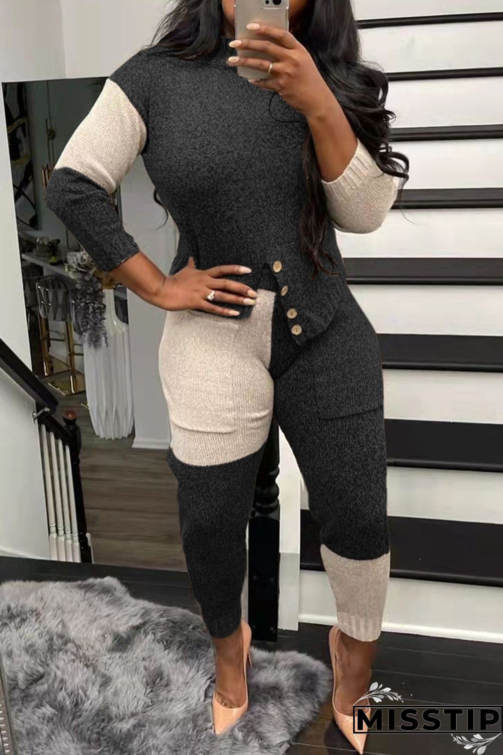 Black Fashion Casual Patchwork Asymmetrical O Neck Long Sleeve Two Pieces