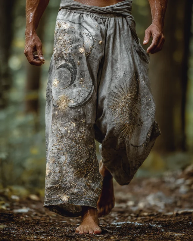 Men's casual star and moon 3D embroidered linen trousers ba02