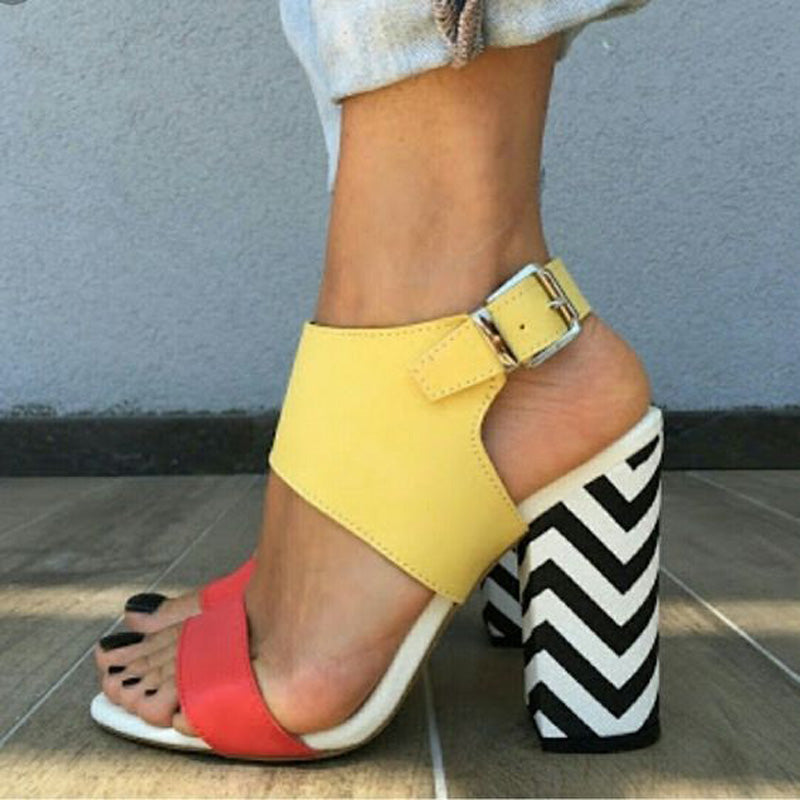 GOOSHOE Colorbock Suede Stripes Open Toe Chunky Heel Sandals