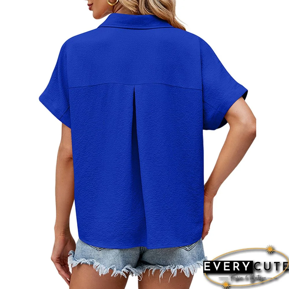 Blue Button Lapel V Neck Short Sleeve Shirt