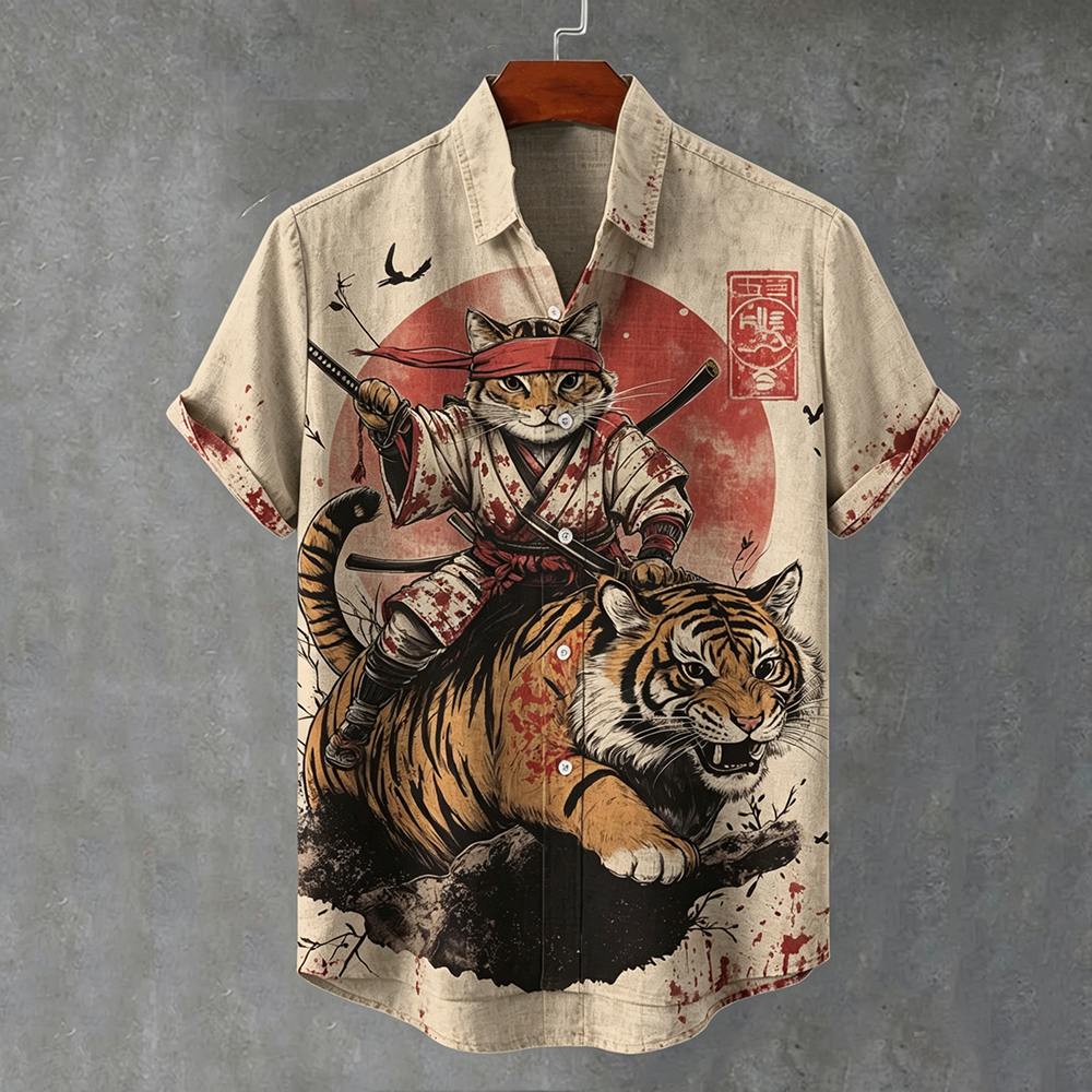 Comstylish Men's Bloody Samurai Cat & Tiger Japanese Art Linen Shirt