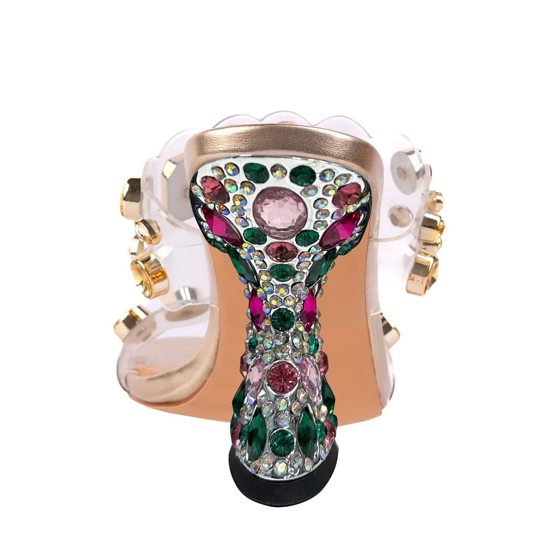 Gold Vegan Leather Square Toe Rhinestone Embellished Band High Heels