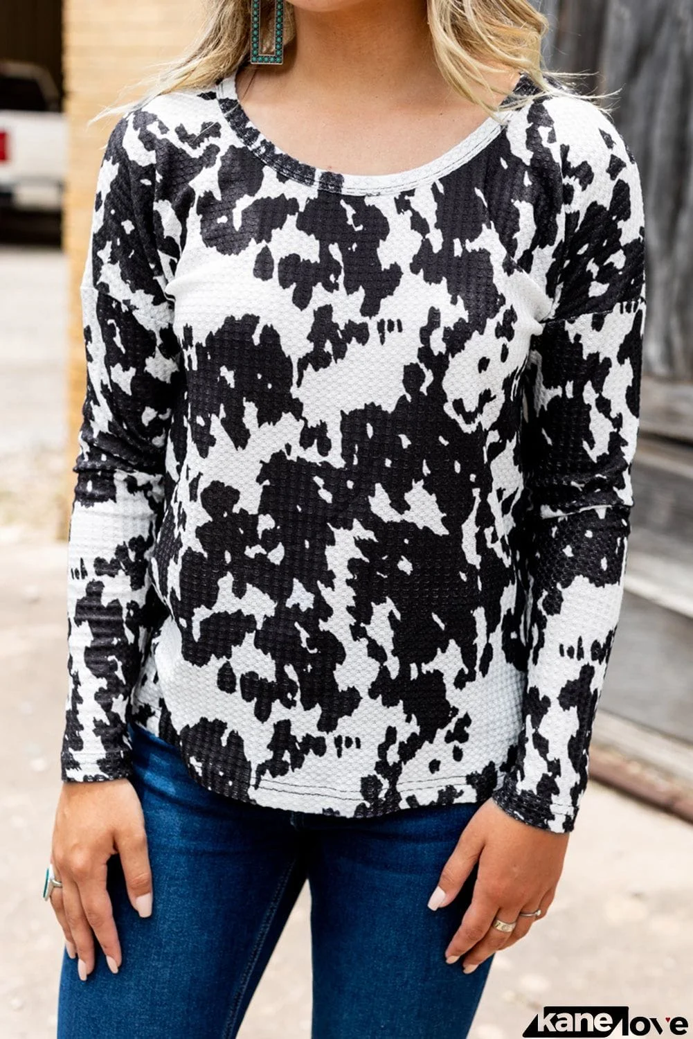 Cow Print U Neck Long Sleeve Top