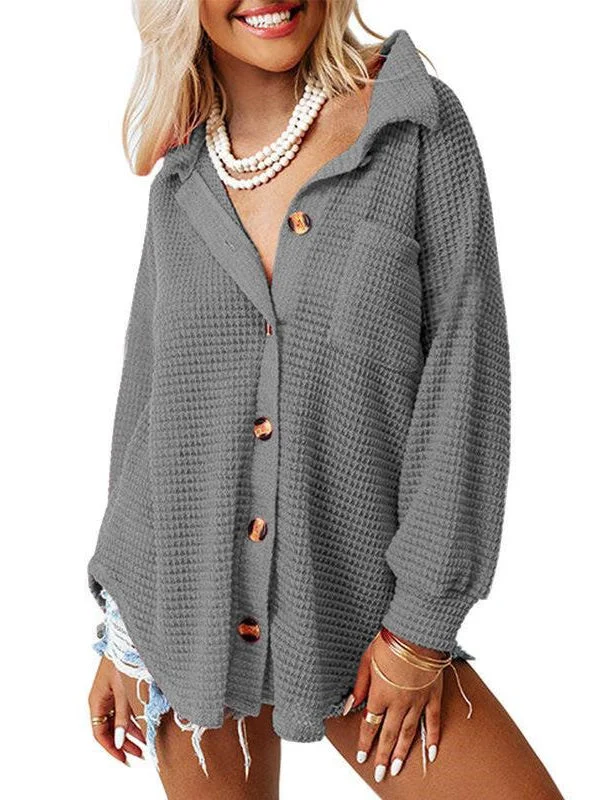 Women plus size clothing Women Long Sleeve Shirt Collar Soild Pockets Button Knit Cardigan Tops-Nordswear