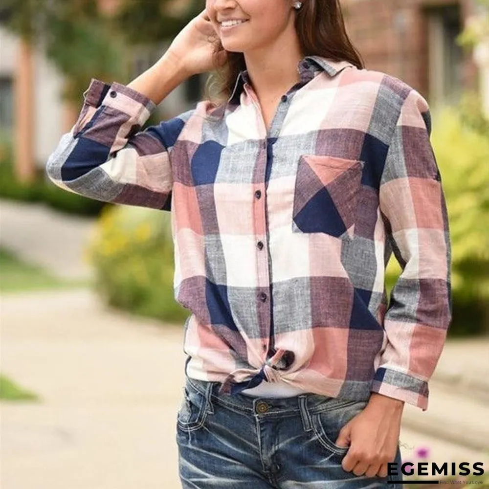 Fashion women Casual Matching Color Long Sleeve Button Loose Plaid Shirt Top Blouse | EGEMISS