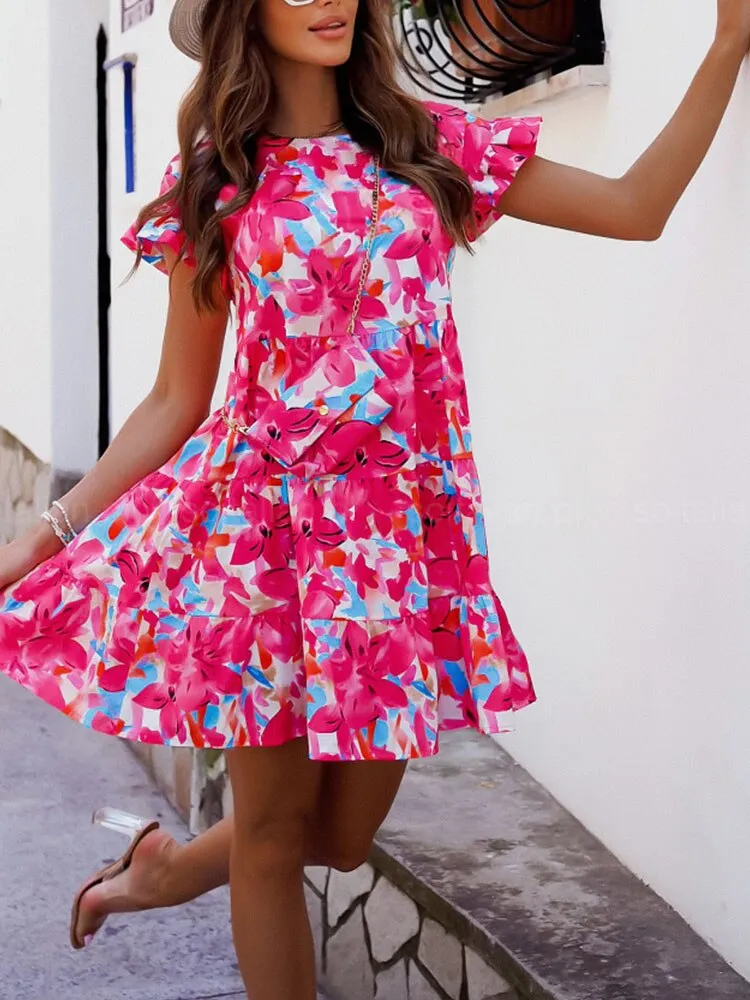 Summer Women Short Sleeve Ruffle Mini Dress Fashion Floral Prints A Line Ladies Casual