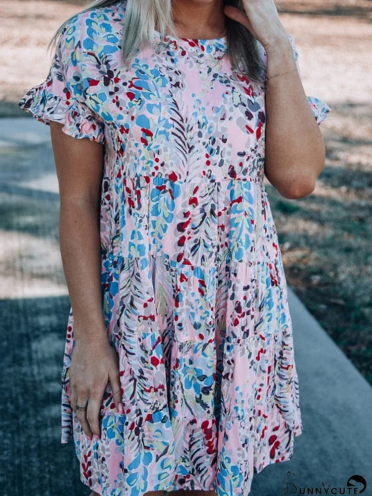 Floral Print Tiered Ruffled Dress in Pink with Short Sleeves