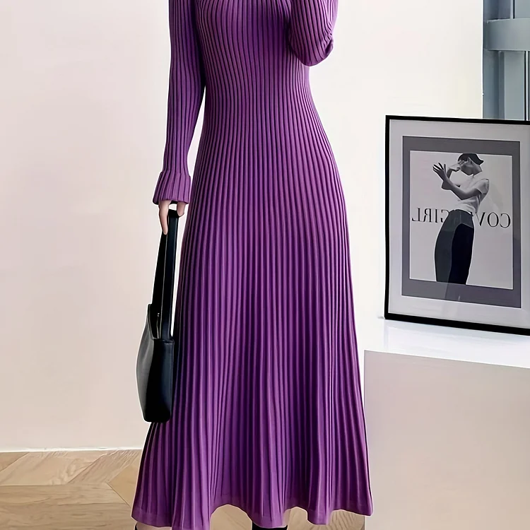Solid Color Slim Knitting Long Dress, Elegant Bag Hip Long Sleeve A Line Skirt, Women's Clothing