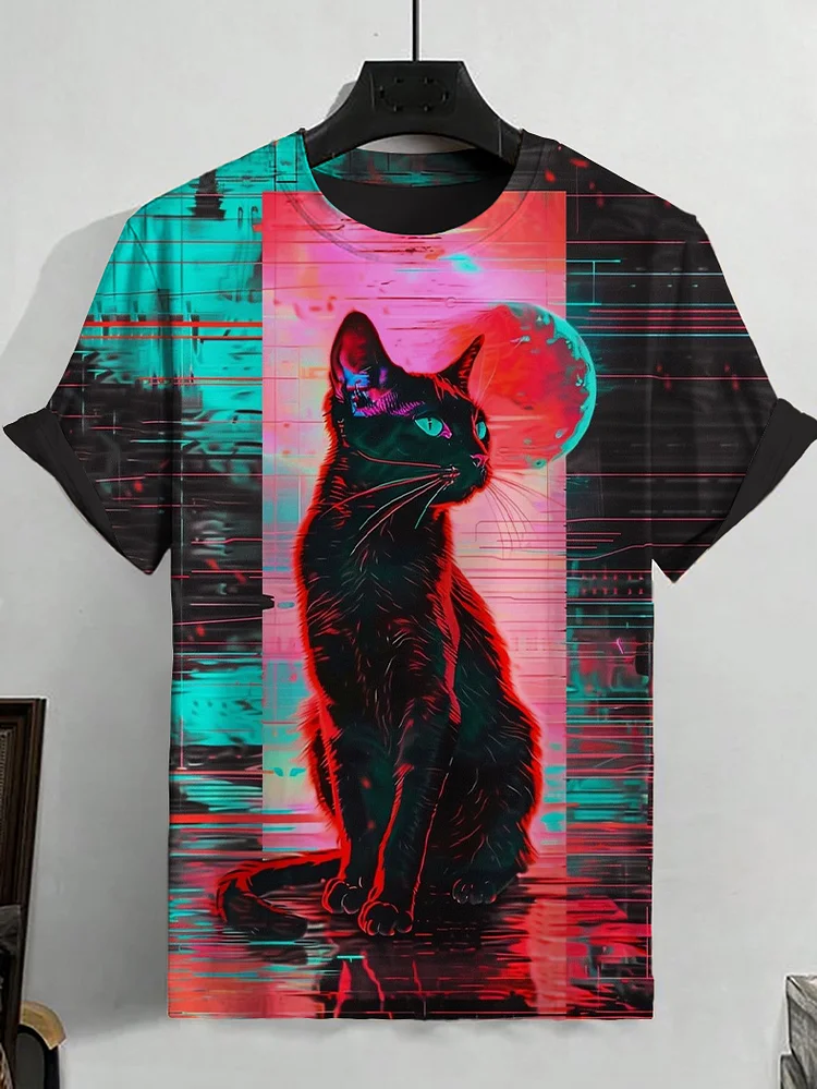 Men's Cat Cyberpunk Glitch Art Print T-Shirt