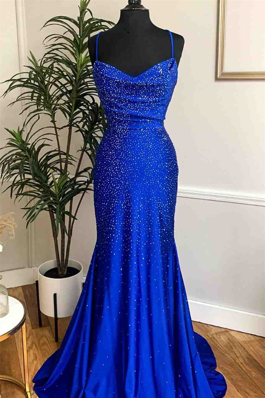 Oknass Royal Blue Spaghetti Strap Sleeveless Mermaid Long Prom Dress with Sequins 