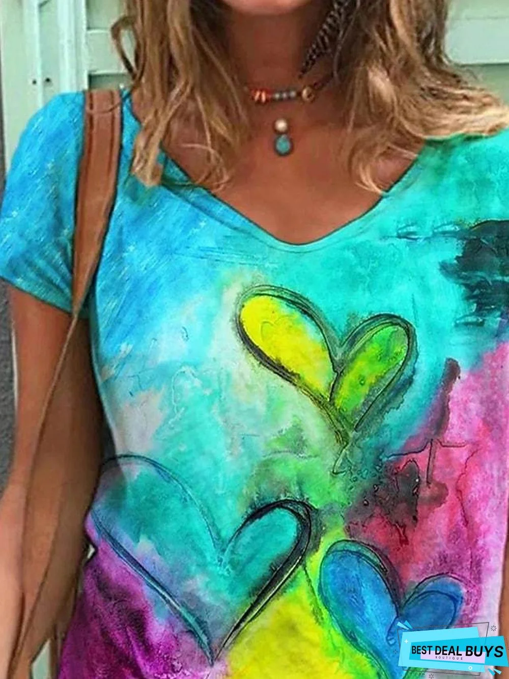 Women's Heart T-Shirt Heart Tie Dye V Neck Tops Basic Top Rainbow