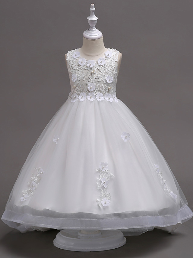 Bellasprom Sleeveless Jewel Knee Length Flower Girl Dress Lace Tulle  with Appliques Crystals  Lace Bellasprom