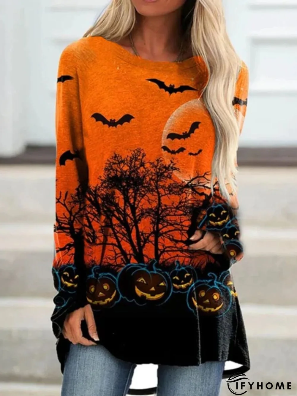 Halloween Casual Long Sleeve Round Neck Printed Top Tunic T-Shirt | IFYHOME