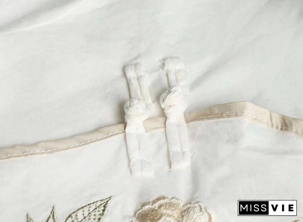 Women Spring Summer Retro Buckle Shirt Top Chinese National Style Embroidery Three Quarter Sleeve Floral Cheongsam Shirts