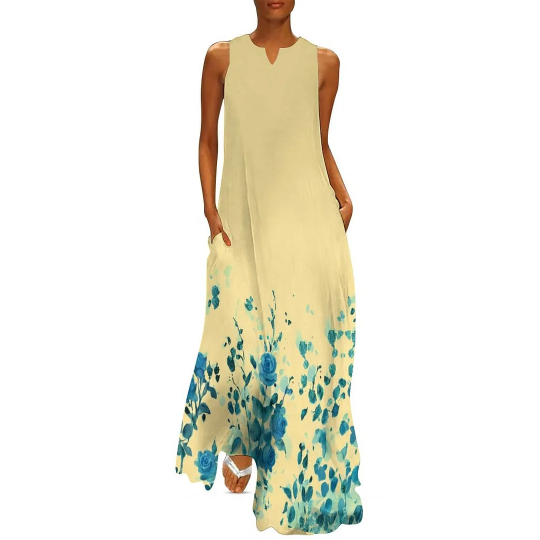 Style & Comfort for Mature Women Plus Size Printed Sleeveless Casual Women Maxi Dress with Pockets in Pattern Yellow, Floral