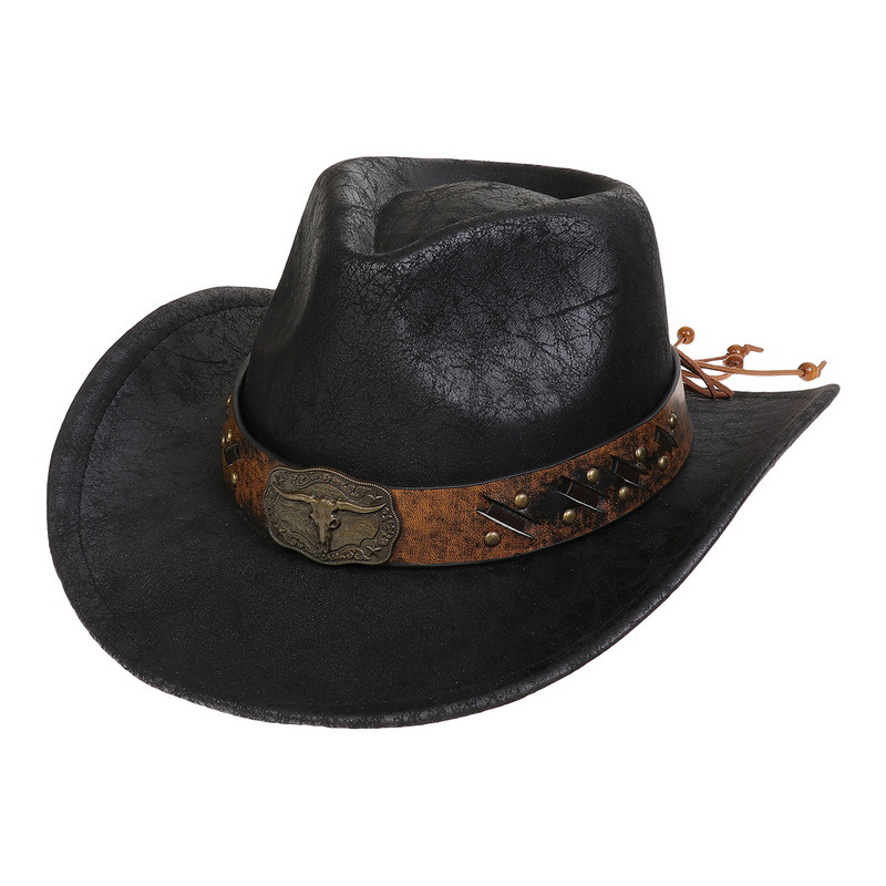 Classic Western Cowboy Hat With Distressed Finish And Bull Skull Buckle