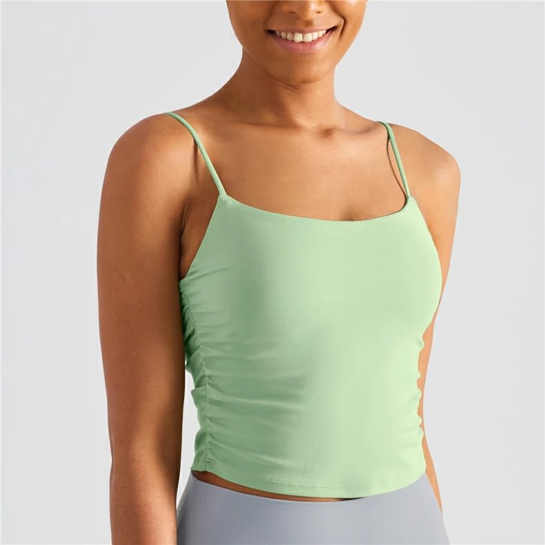 Buy avocado scrunch sides u back nude feeling spaghetti strap gym cropped tank top with pads on Hergymclothing