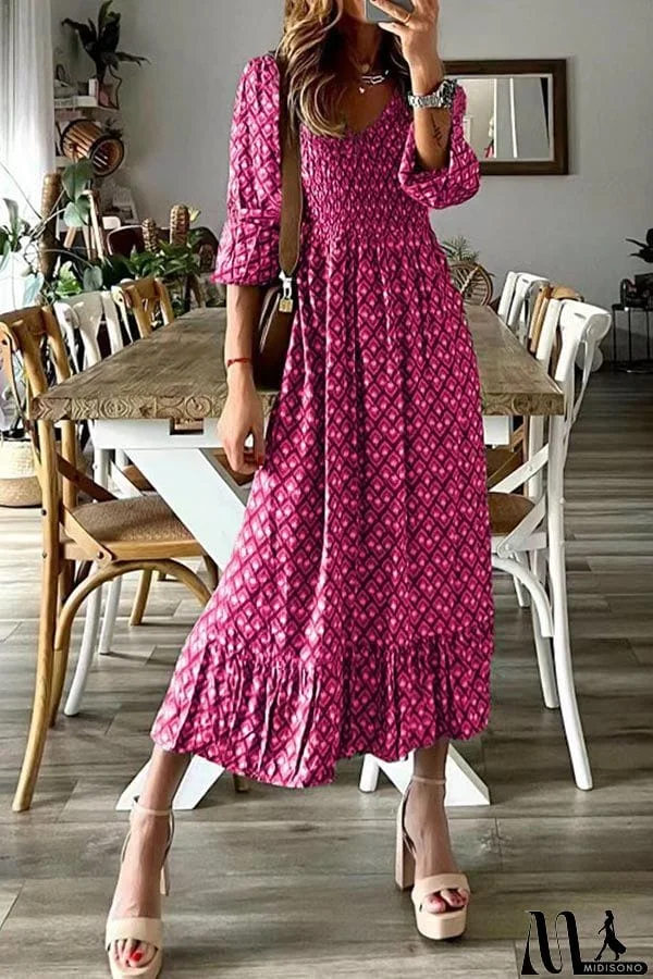 V-neck long skirt waist floral print large swing dress