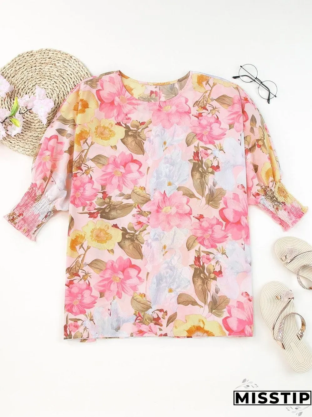 Pink Floral Loose Fit Blouse with Shirred Cuffs