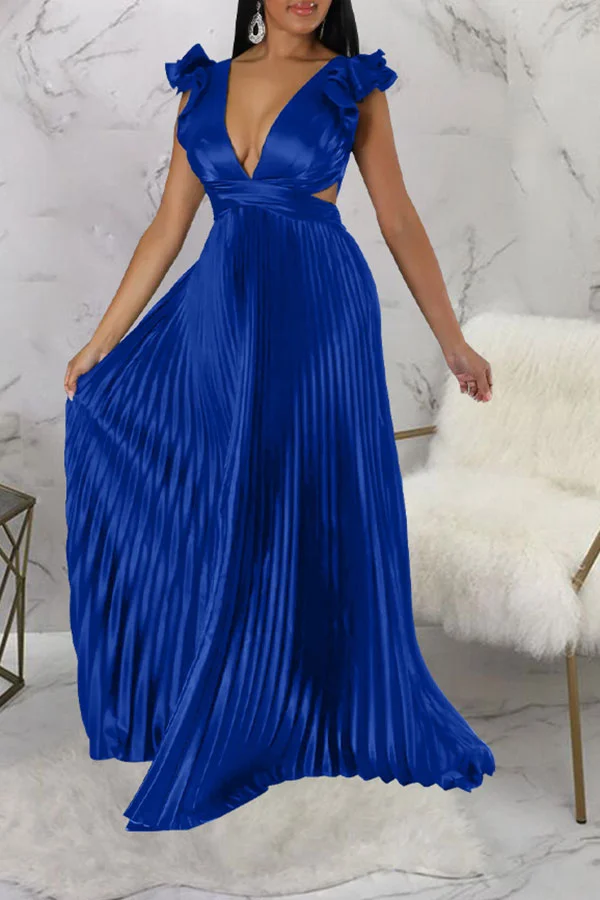 Solid Color Romantic Pleated Maxi Dress