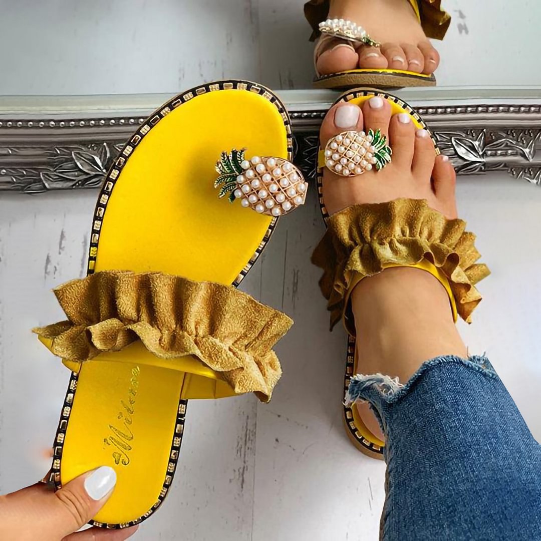 Letclo™ 2021 Summer New Lace Pineapple Decoration Flat Outdoor Slippers letclo Letclo