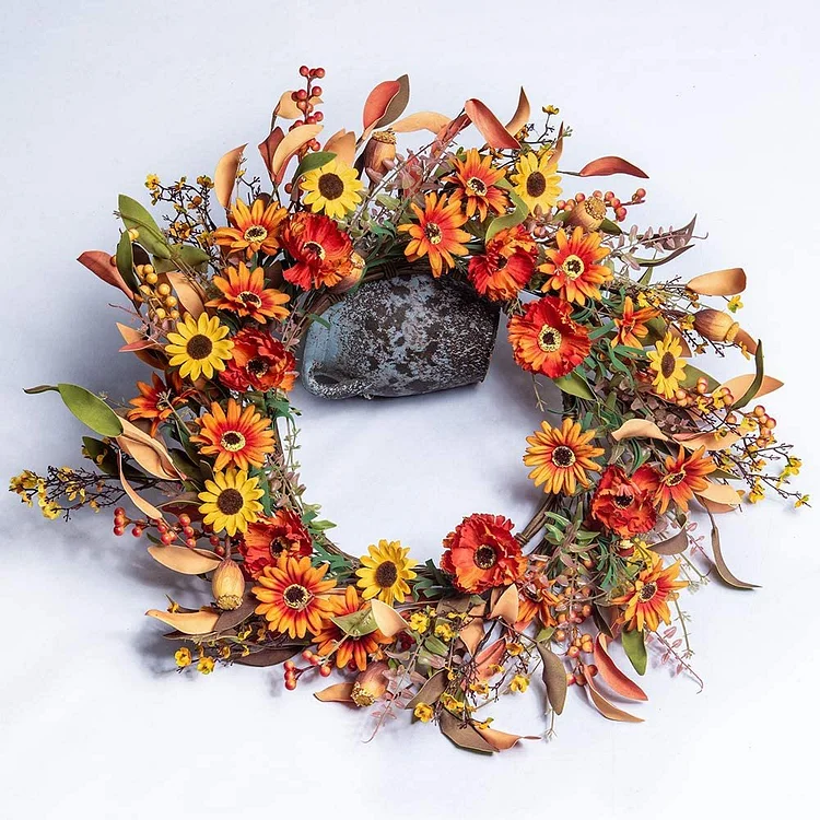 Orange Daisy and Wildflowers Sunflower Door Wreath Fall Wreaths 2021 | AvasHome