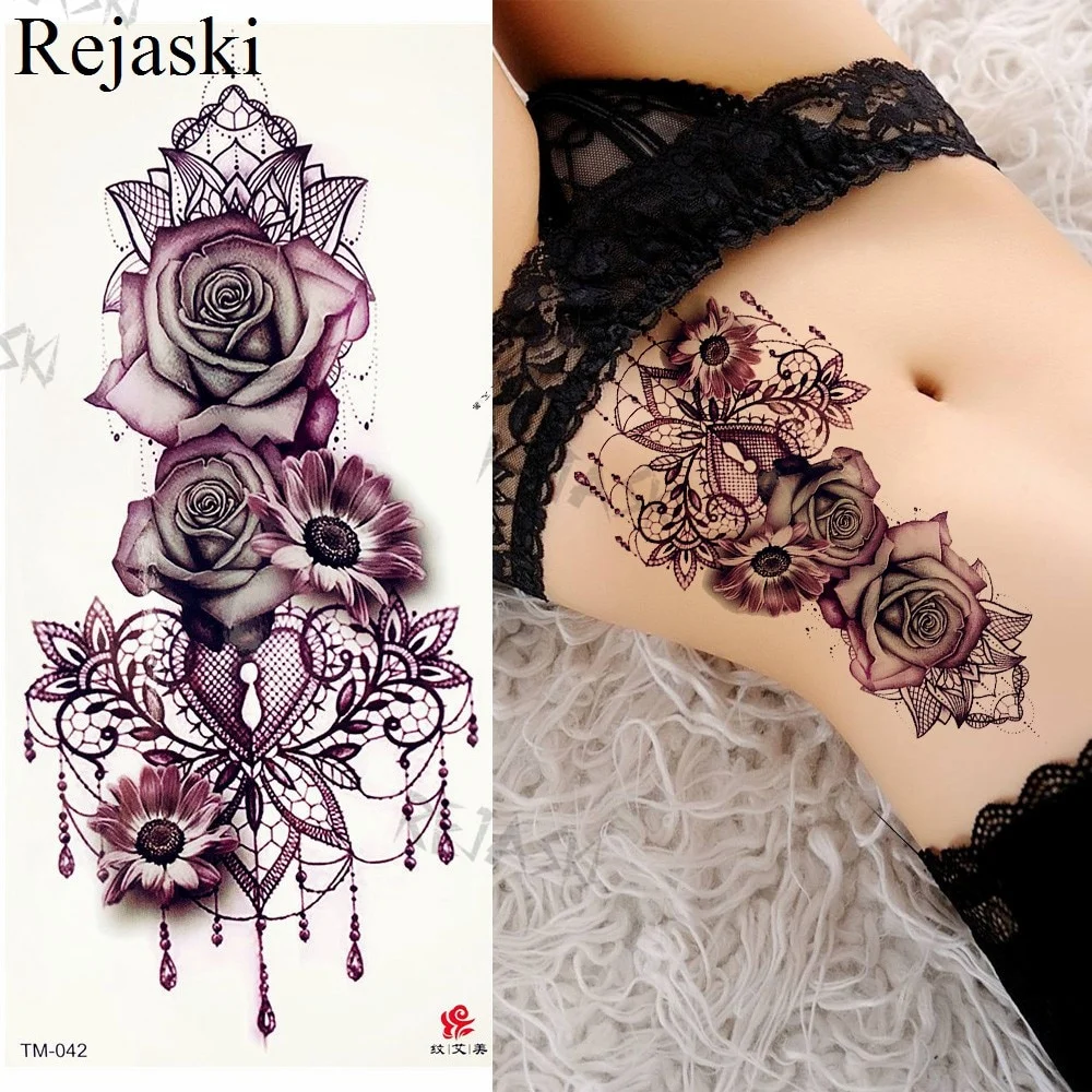 Sdrawing Rose Jewelry Water Transfer Tattoo Stickers Women Body Chest Art Temporary Tattoo Girl Waist Bracelet Flash Tatoos Flower
