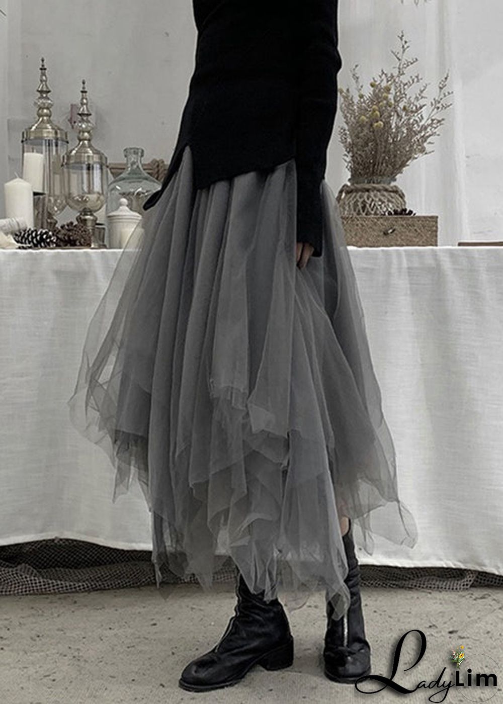 Plus Size Grey Patchwork Cute Tulle Skirts Spring