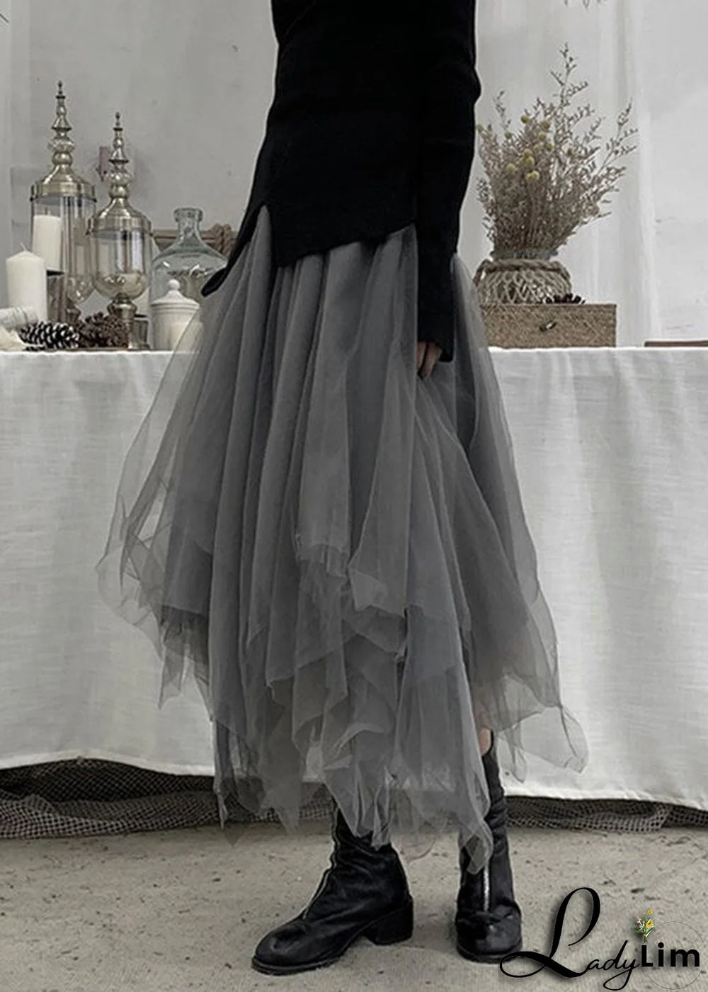 Plus Size Grey Patchwork Cute Tulle Skirts Spring